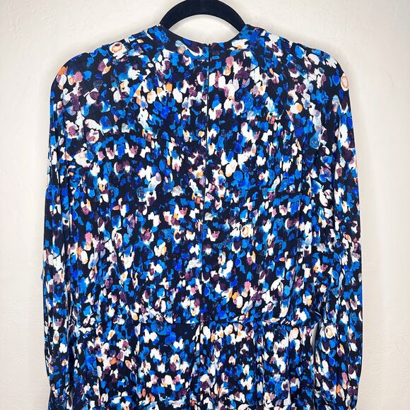 Maggy London Raglan Long Sleeve Crew Neck Blue Speckled Print Blouson Midi Dress - Picture 11 of 14